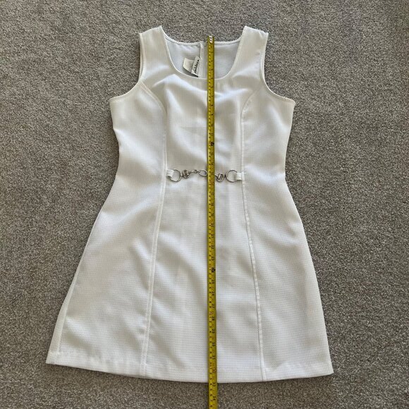 Vintage Wrapper Fitted Square Neck White Textured Dress Silver Belt Accent - Picture 11 of 11